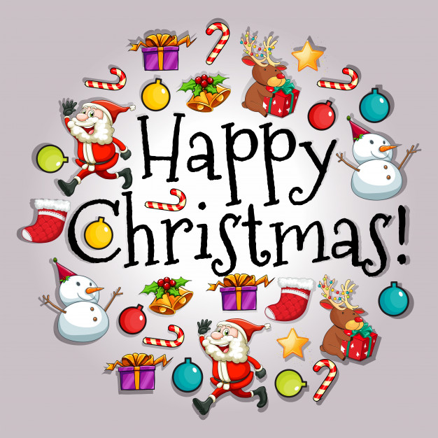 Happy Christmas card with Santa and objects Free Vector