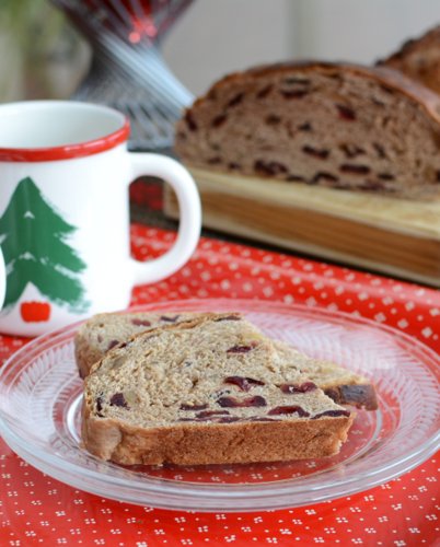 Cranberry Walnut Bread ♥ KitchenParade.com, special for the holidays, a European-style, barely sweet yeast bread studded with dried cranberries and toasted walnuts. Recipe, insider tips, nutrition and Weight Watchers points included.