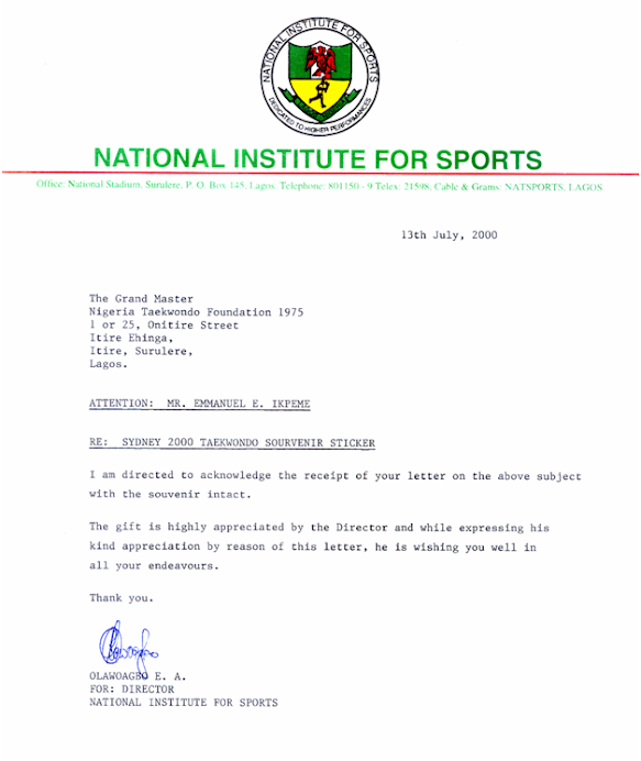 ACKNOWLEDGEMENT BY NATIONAL INSTITUTE FOR SPORTS