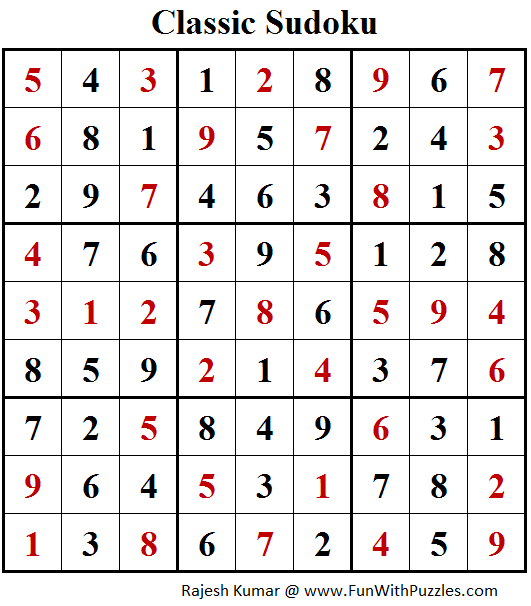 Classic Sudoku Puzzles (Fun With Sudoku 212) Solution