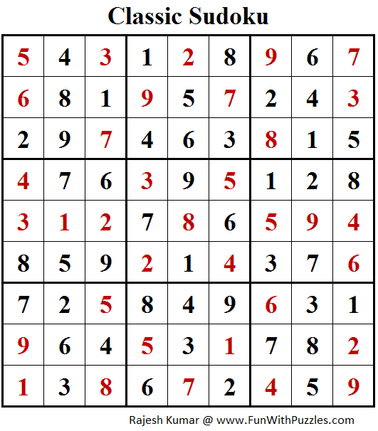 Classic Sudoku Puzzles (Fun With Sudoku #212) Solution