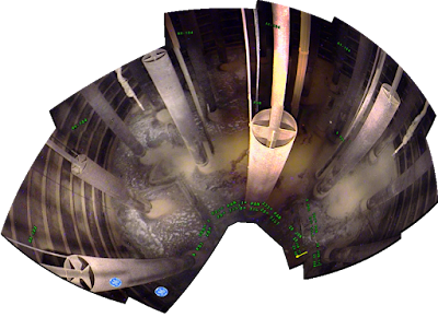 Interior view of Hanford nuclear waste tank AX-104 Multiple images pieced together showing panoramic view of Hanford waste tank interior.