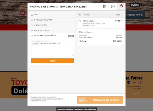 Cashback World - Franko's Restaurant, Burgeria & Pizzeria - číslo karty vepište do poznámky