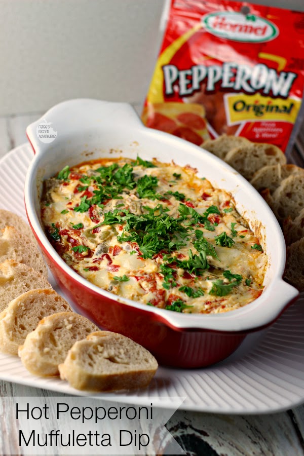 Hot Pepperoni Muffuletta Dip | Cheesy, briny, meaty deliciousness in a dip that tastes just like the iconic New Orleans sandwich. #RKArecipes! 
