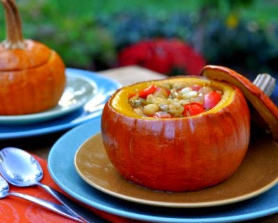Fall Stew Baked in a Whole Pumpkin, a tomatillo-hominy stew baked right in a small pumpkin.