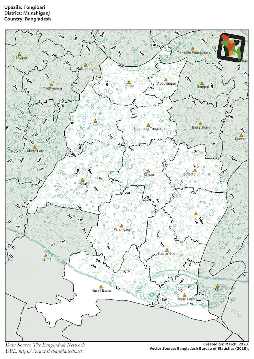 Tongibari Upazila Elevation Map Munshiganj District Bangladesh