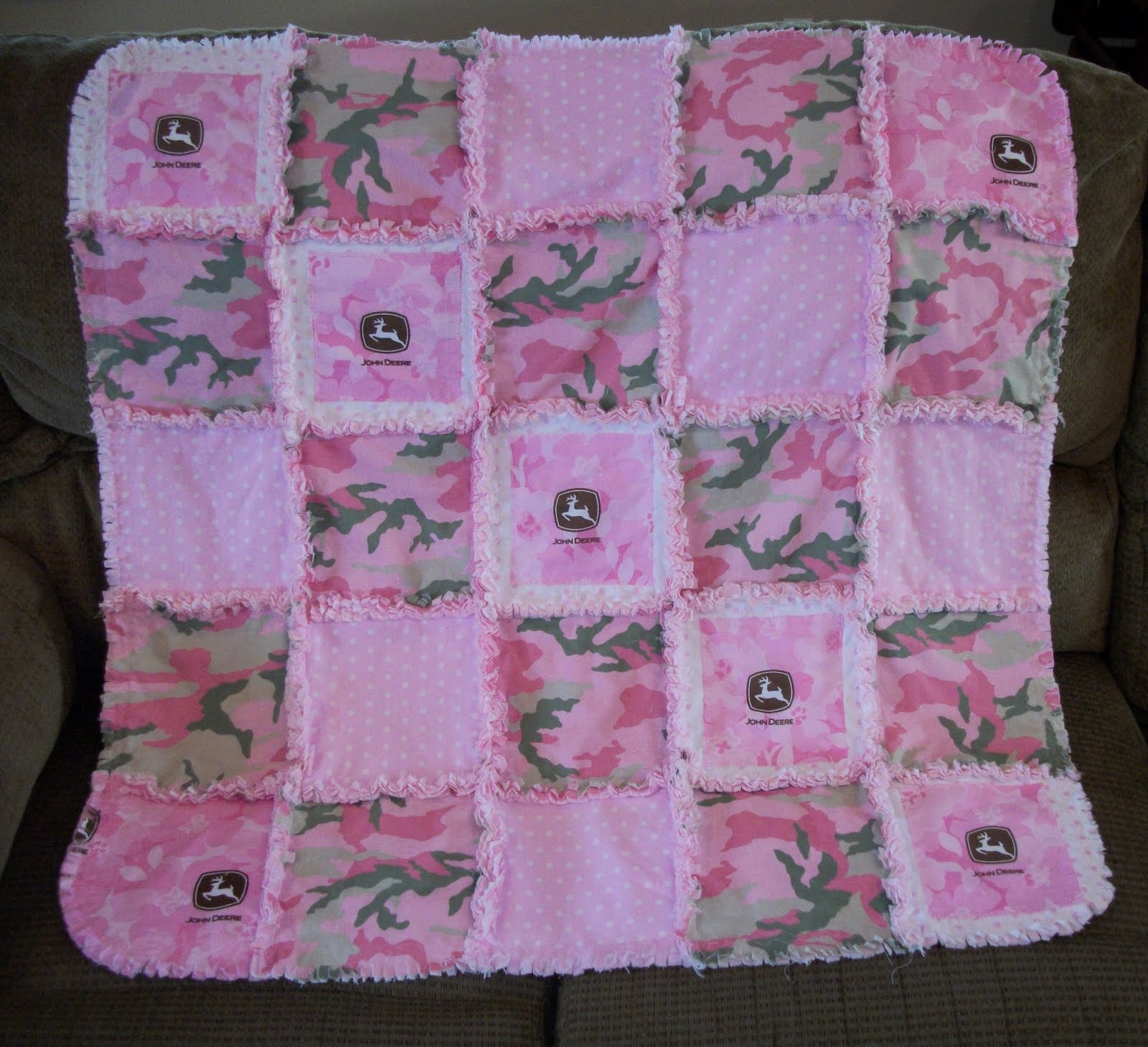 Deerecountry Quilts Camo John Deere rag quilt, pacifier holders