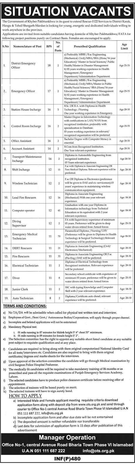 Latest Rescue 1122 KPK Jobs 2019 Online Apply Through OTS Latest Rescue 1122 KPK Jobs 2019 Online Apply Through OTS