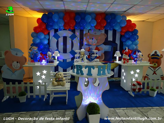 Decoração de mesa temática decorada com Ursinho Marinheiro - Aniversário infantil - Provençal simples