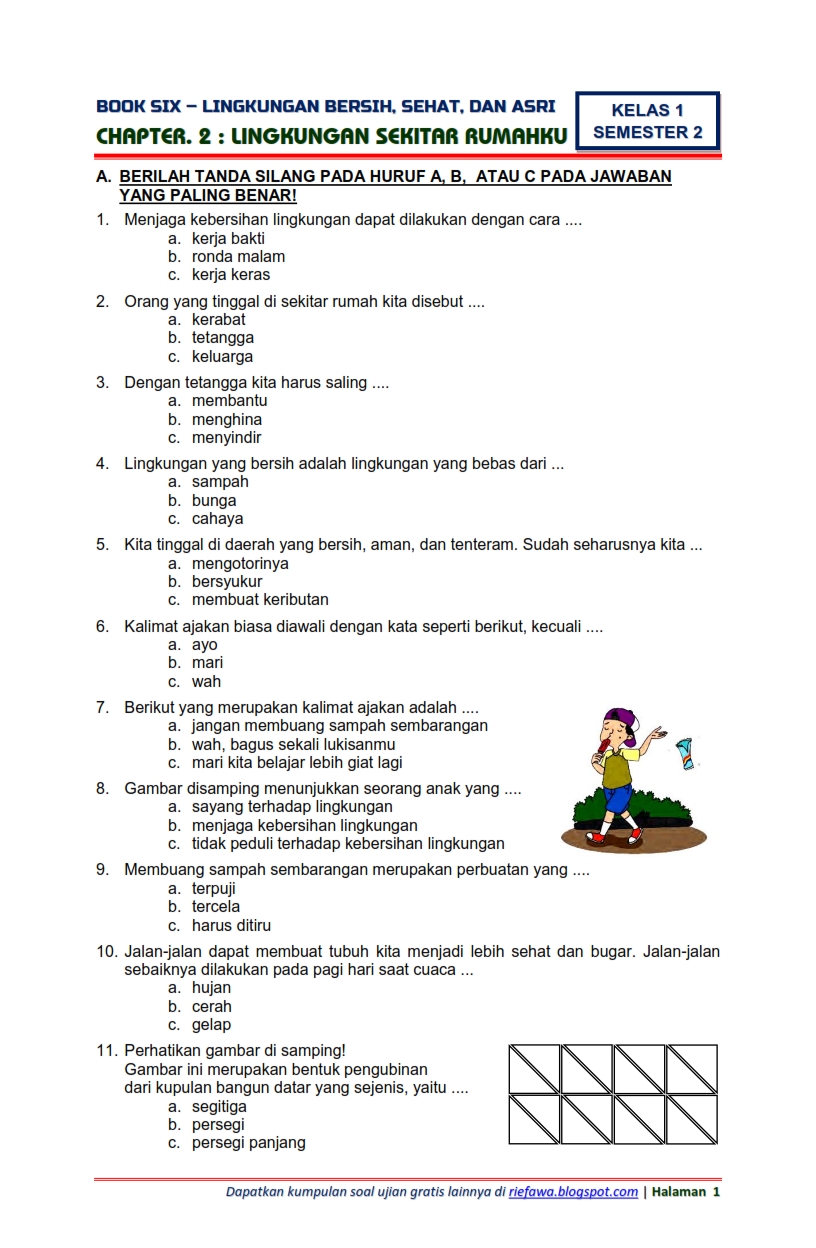 Download Soal Tematik Kelas 1 Semester 2 Tema 6 Subtema 2 - Lingkungan