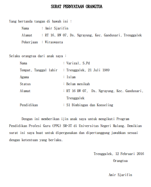 Contoh Surat Pernyataan Izin Orang Tua (Keluarga 