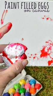 Throw paint filled eggs at canvas. Making the eggs is easy and this project is so FUN!