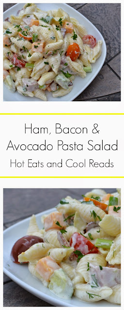 An amazing summertime salad with tons of fabulous ingredients! Perfect for a crowd! Ham, Bacon and Avocado Pasta Salad Recipe from Hot Eats and Cool Reads