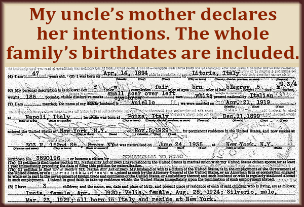 This declaration of intention includes birth dates for the applicant's husband and children.