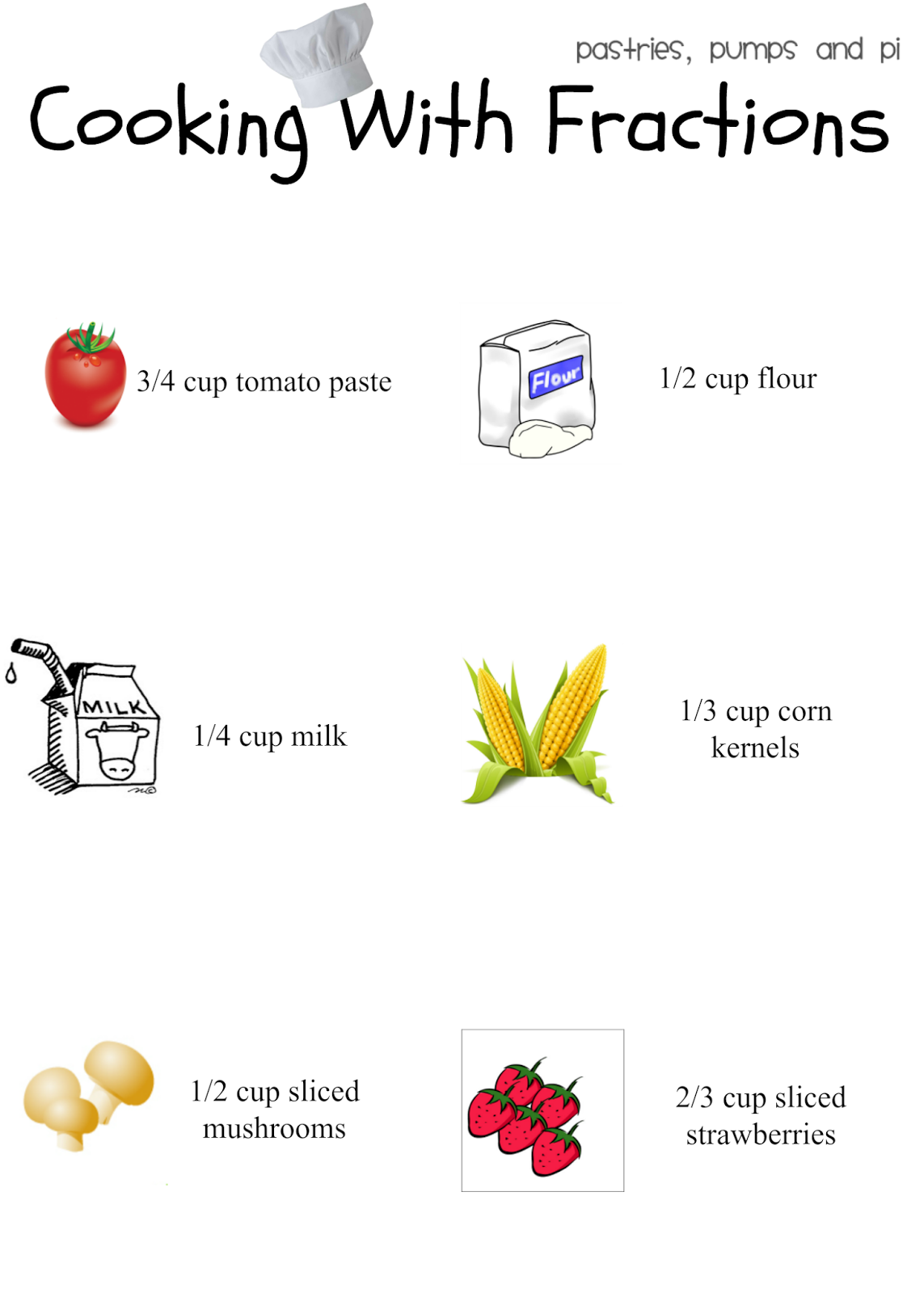 Cooking with Fractions {Free Printable} Pastries, Pumps and Pi