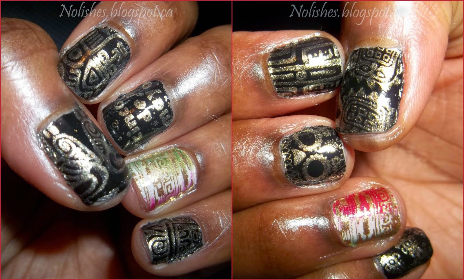 Cinco de Mayo Nail Stamping Manicure in Black, Gold, Red, White and Green. Stamped using Cheeky's Jumbo Plate 1 'Viva Mexico', and Moyou London's Pro XL Collection plate 06.