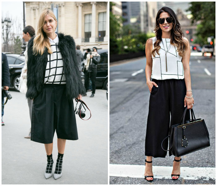 Pantalones culotte look geometrico blanco y negro