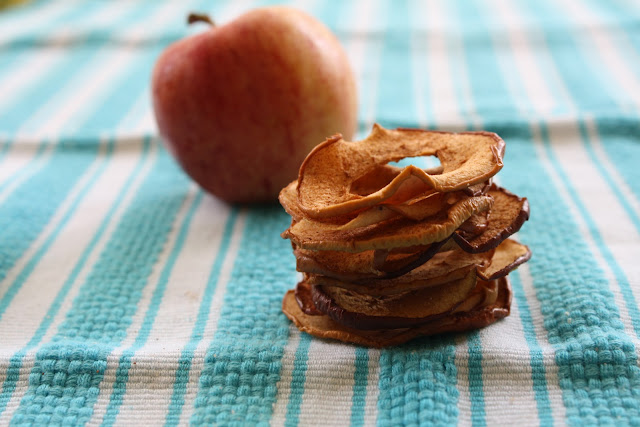 A stack of cinnamon apple chips on a tablecloth