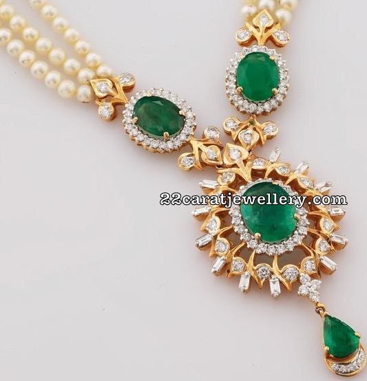 Pearls Set with Diamond Emerald Pendant with Earrings Jewellery Designs