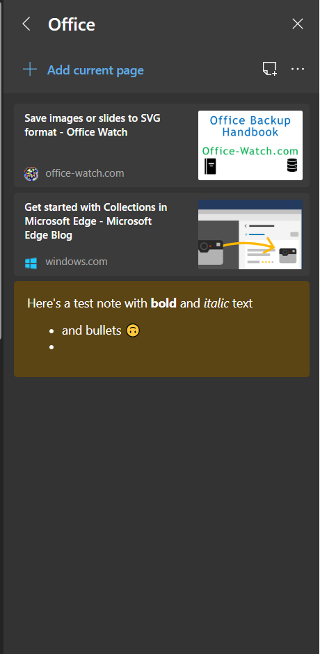 Microsoft Edge single collection with text note