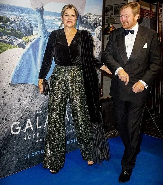 Queen Maxima wore a velvet top and metallic trousers as she joins husband at a film premiere in Amsterdam