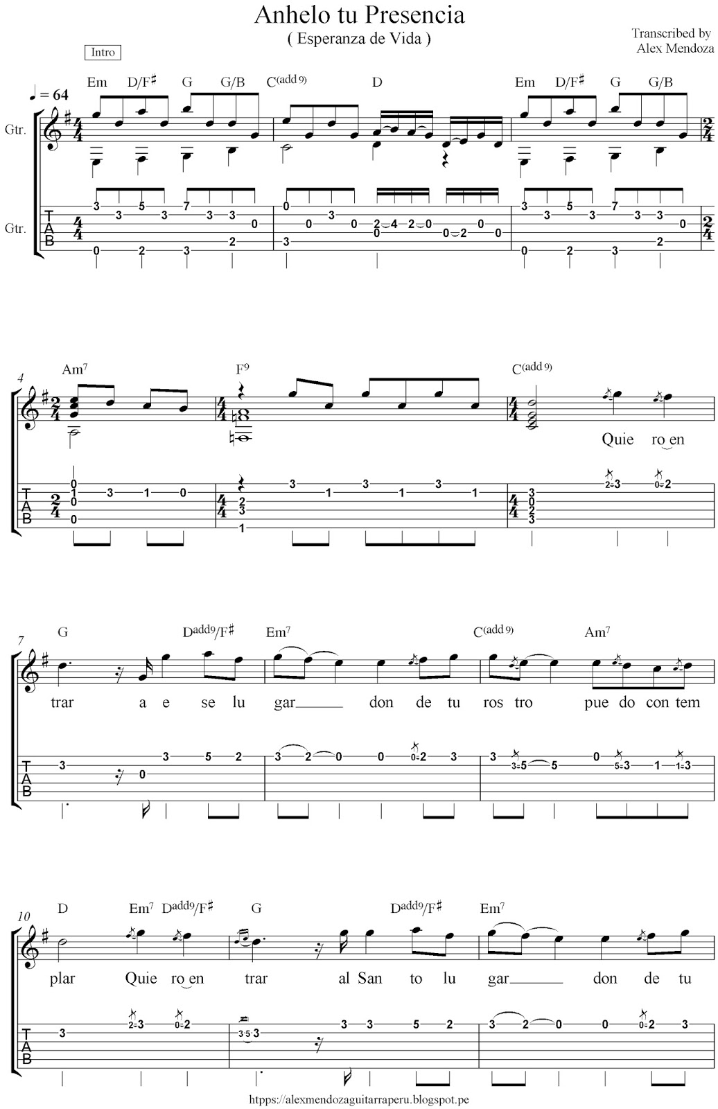 Alex Mendoza Amen Partituras Letras Tab Acordes Para Guitarra Anhelo Tu Presencia Esperanza De Vida Transcripcion Alex Mendoza