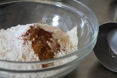 flour, baking powder, cinnamon, nutmeg
