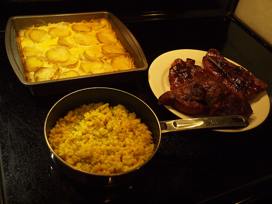 Pellet Smoker Cooking Country Ribs, cheesy potatoes, & corn