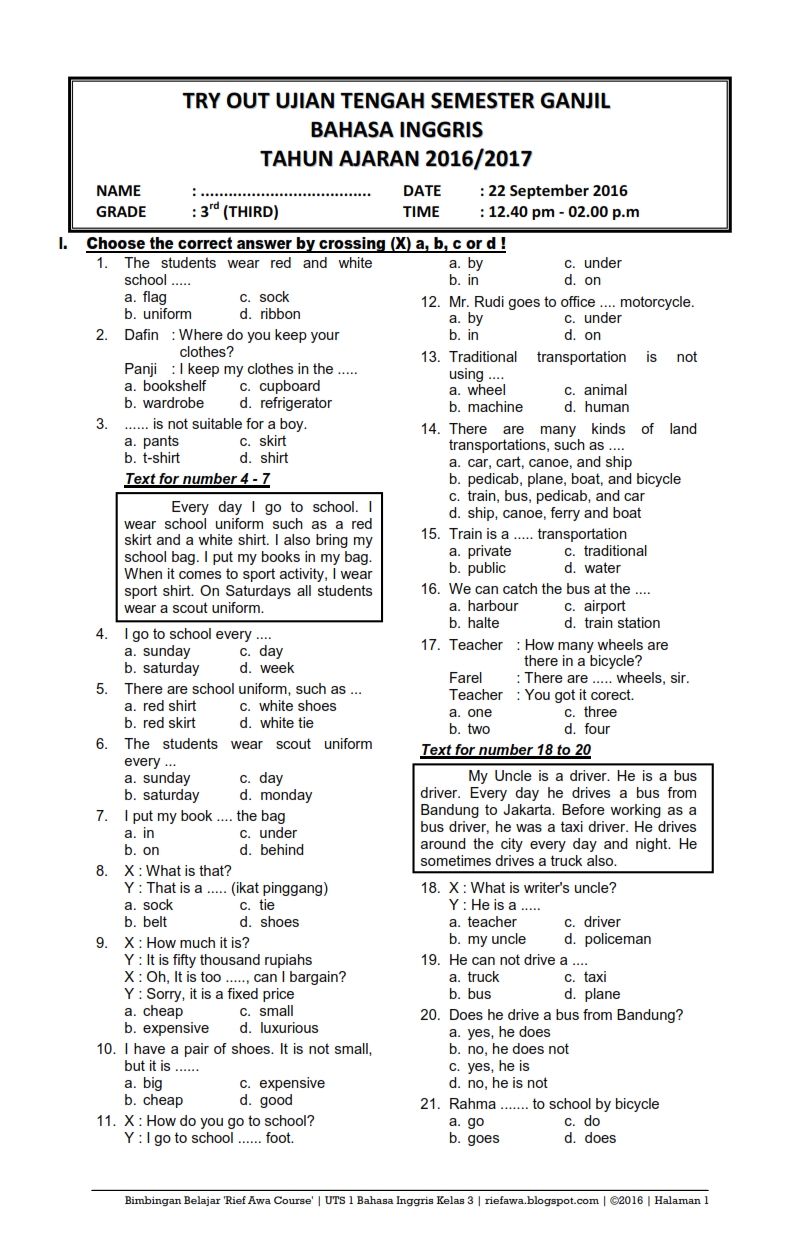 Soal uas bahasa inggris kelas 6 semester 2 klojuice