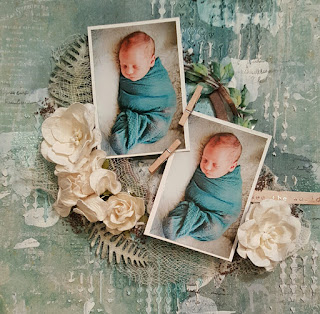 Scraps of Darkness scrapbook kits mixed media baby layout tutorial w/our July2017kit, by Jessica McFall. Blue Fern Studios Wanderlust.