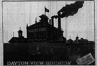 Poor quality image of Coelestin Schwind's Dayton View Brewery from a microfilm copy of the June 21, 1908 Dayton Daily News.
