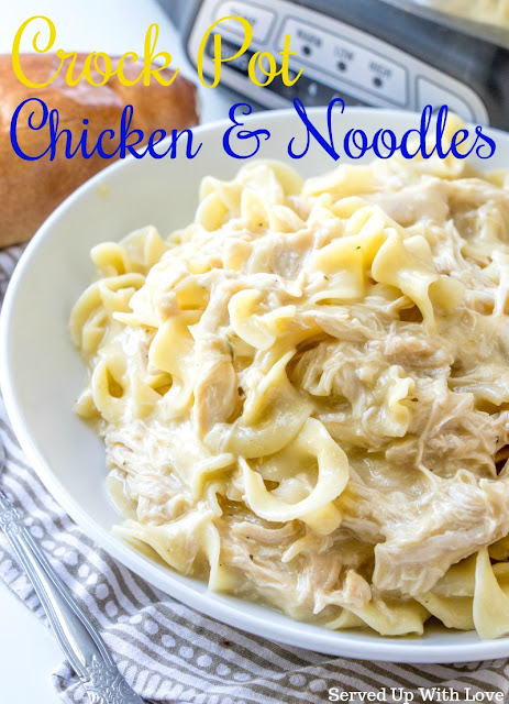 Crock Pot Chicken and Noodles - Served in a white bowl