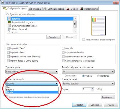 seleccionar en calidad e impresión rápida para impresoras Canon