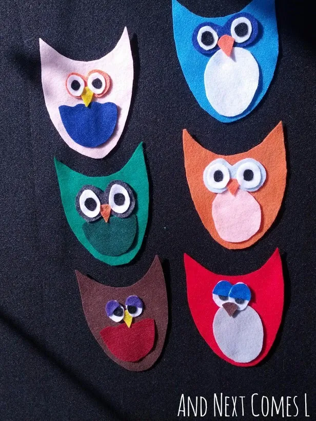 Mix and match owls on the felt board from And Next Comes L