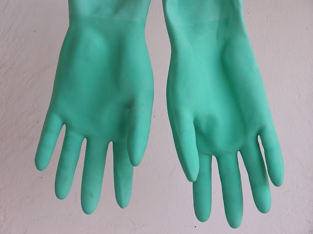 blue green gloves housework