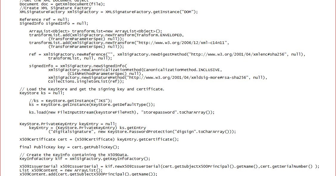 Java code for xml digital signature creation and verification