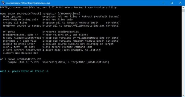 Windows 10 için Komut Satırı Yedekleme ve Senkronizasyon Aracı "Bacar"