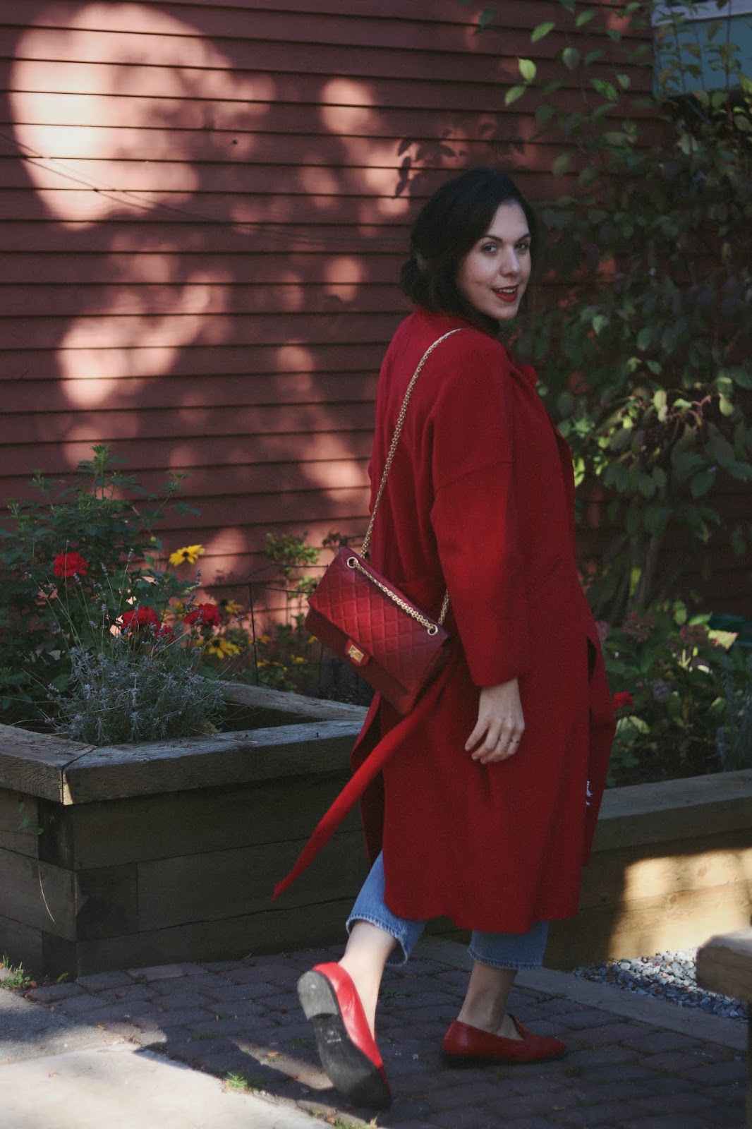 Red wool coat outfit le chateau italian loafers vancouver fashion blogger aleesha harris chanel 255 bag