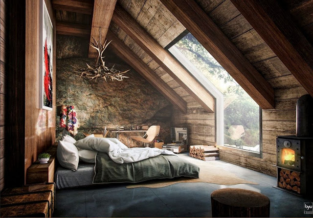 Rustikale-schlafzimmer-dachschräge-Design-mit-industrial-Kamin-Ideen