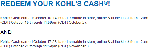 Redeem Kohls Cash 10/24-11/3, 2013