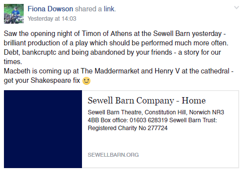Timon Of Athens Reviews Sewell Barn Theatre Norwich February 2017