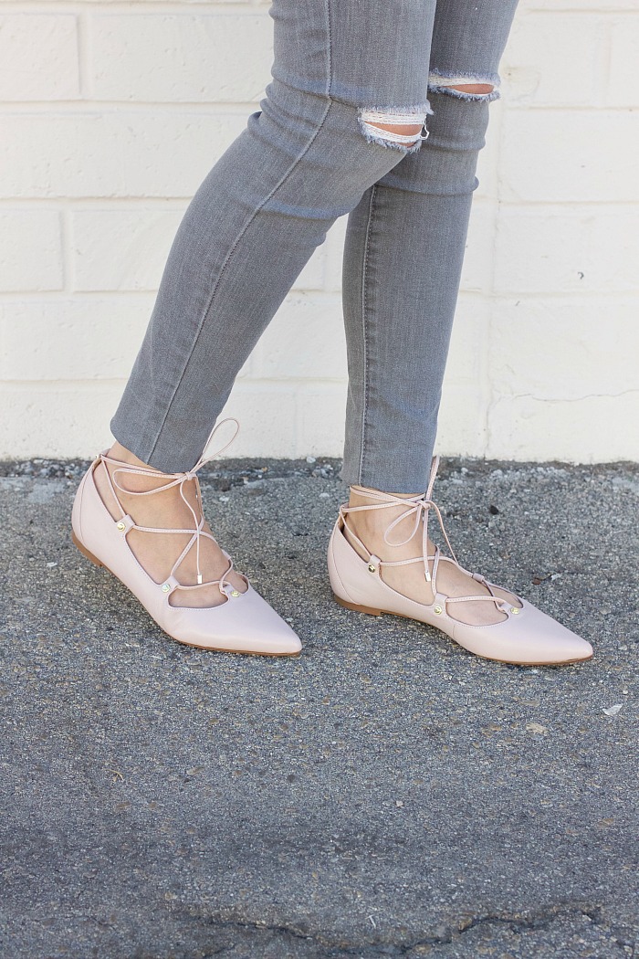 skinny grey jeans, pink lace-up flats