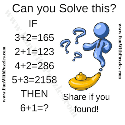 If 3+2=165, 2+1=123, 4+2=286, 5+3=2158 Then 6+1=?. Can you solve this Clever Logical Math Question for Kids?