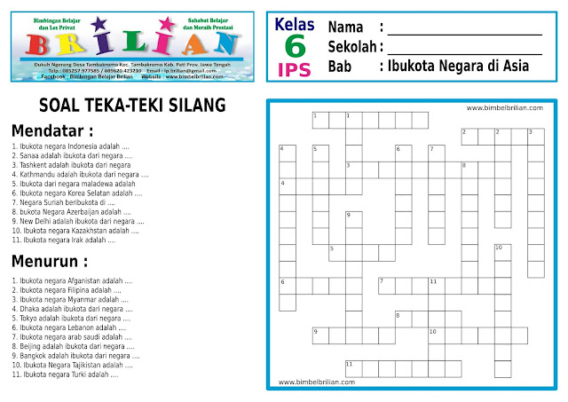   Soal Teka-Teki Silang ( TTS ) IPS Kelas 6 SD Sub Bab Ibokota Negara Di Asia 