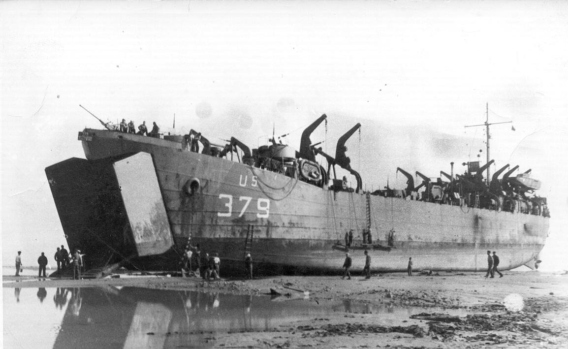 USS LST-379 beached, probably at Normandy, June 1944