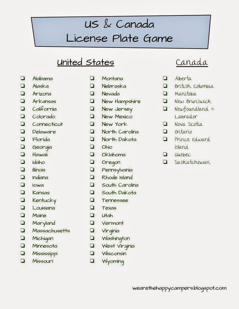 License Plate Game List