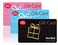Three Post Office gift cards, one pink, one blue and one black in an offset pile. 