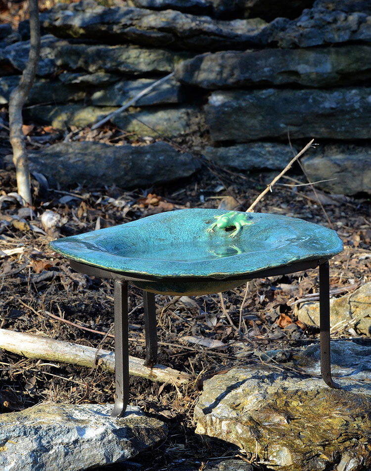 These birdbaths look great in stands too. In the winter, make sure you bring the birdbath in so the pottery doesn't crack from ice accumulation.