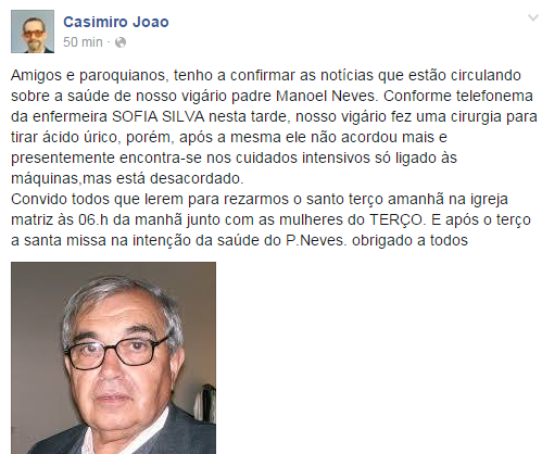 Padre Casimiro confirma: "Padre Neves não acordou após cirurgia e está ligado às máquinas"