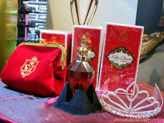 Fragrance, Katy Perry Killer Queen, model, perfume bottle, jewel shaped, royal red, gold bottle , box, carton